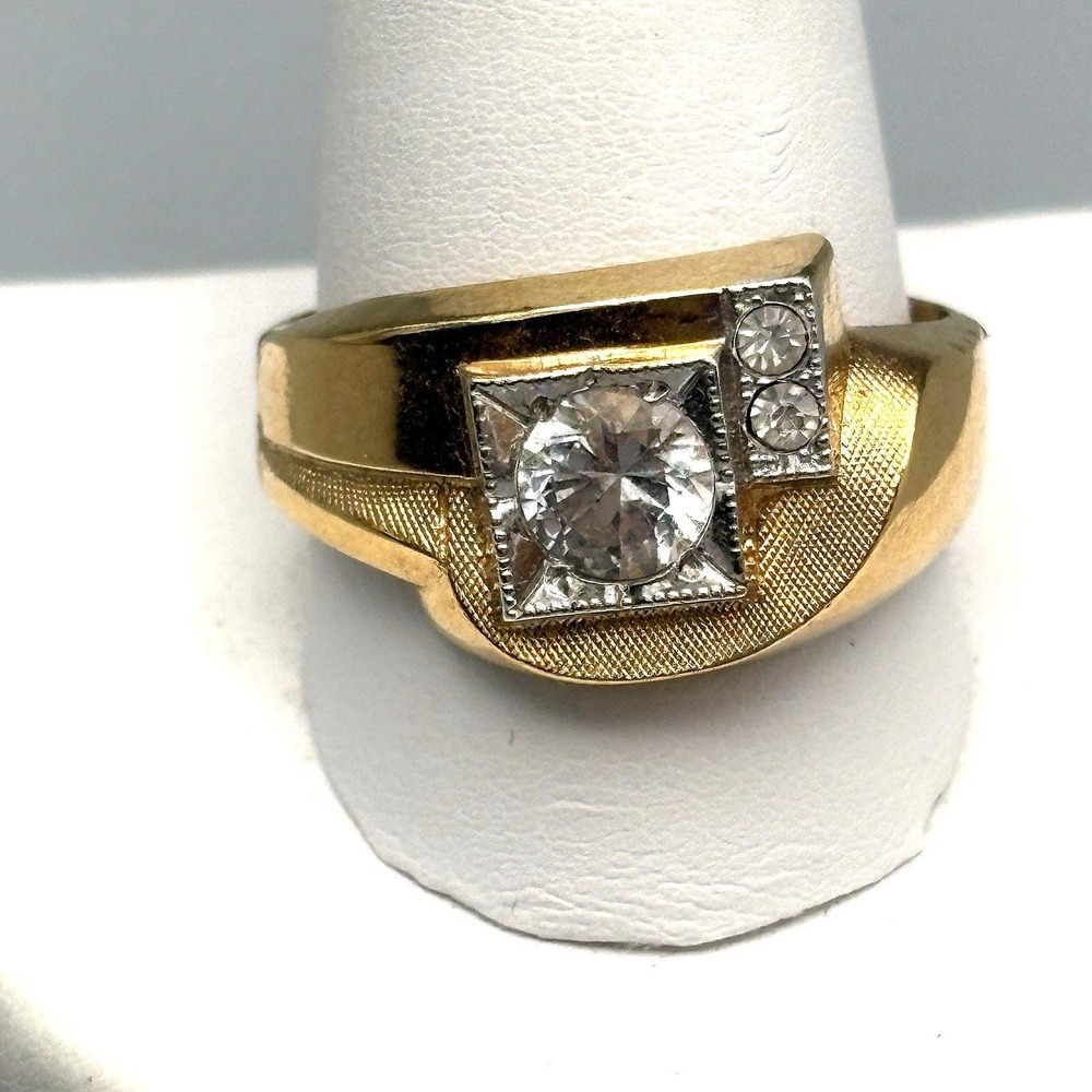 Vintage Mens 10k Gold Filled Ring Clear Stone 13 MCM Bold Statement 6.78g